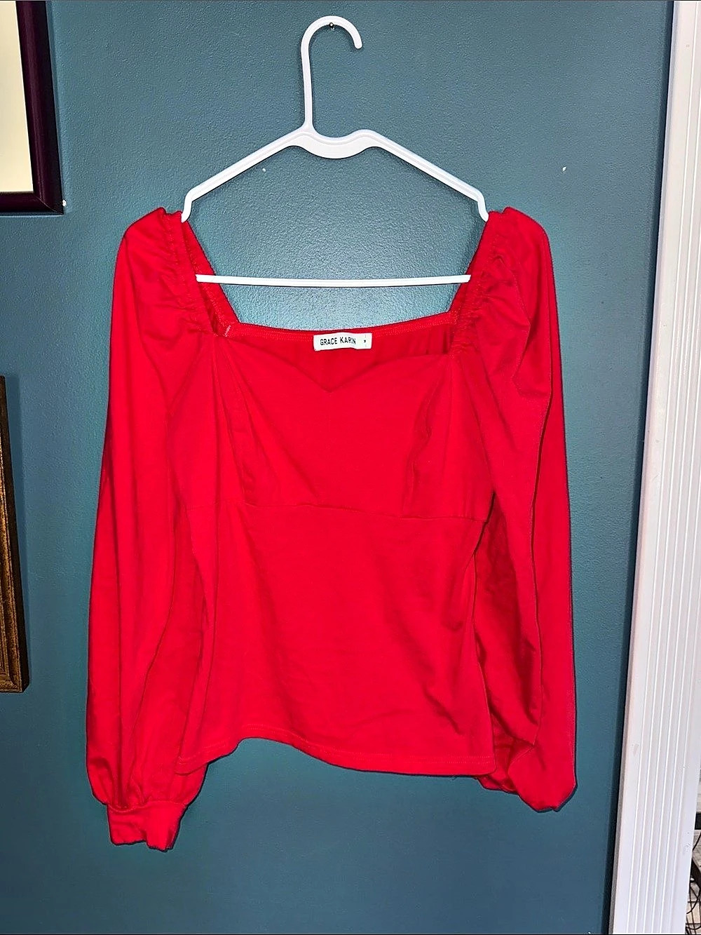 Grace Karin Long Sleeve Square Neck Top Red Medium